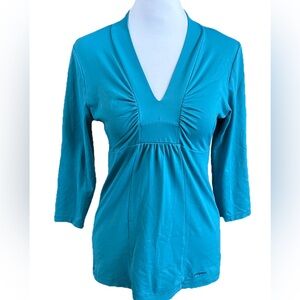 PATAGONIA RESPITE Teal Blue V-Neck 3/4 Sleeves Jersey Knit Top Size Small